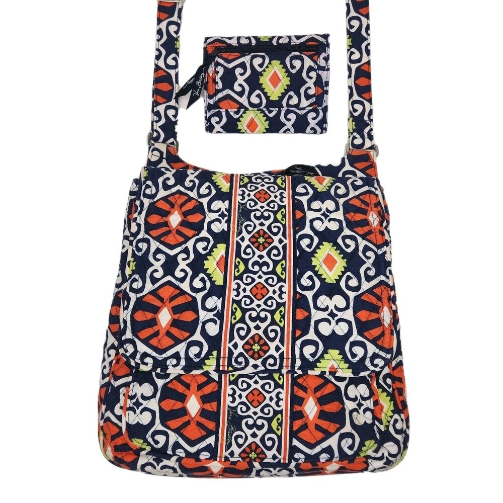 Vera Bradley Purse Crossbody Bag Blue Orange Quilted Matching Wallet Set Cotton
